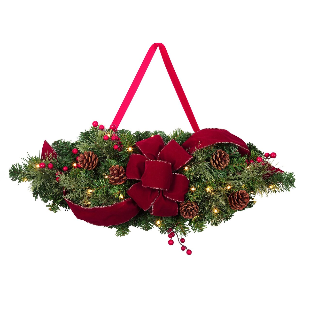 Haute Decor 28 Inch Wide Classic Holiday Window Swag PRE-LIT with Energy-Efficient LED Lights - Battery Operated Timer with Automatic On-Off